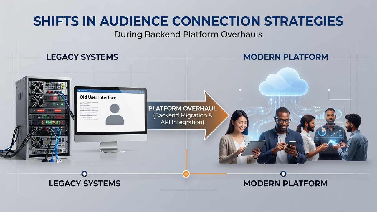 Infographic illustrating audience connection touchpoints before and after backend platform migration